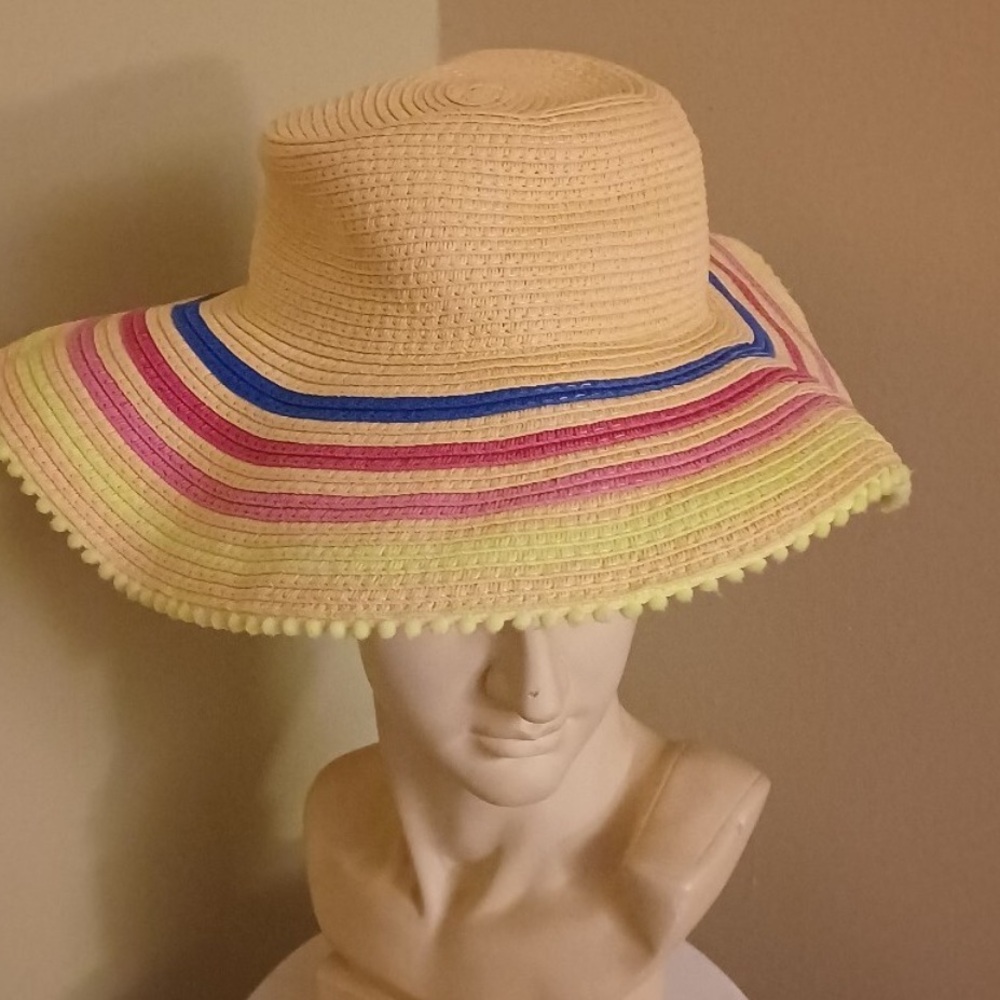 FSC Girl’s Straw Hat Wide Brim Yellow Pink Blue Stripes Colorful Striped Sun